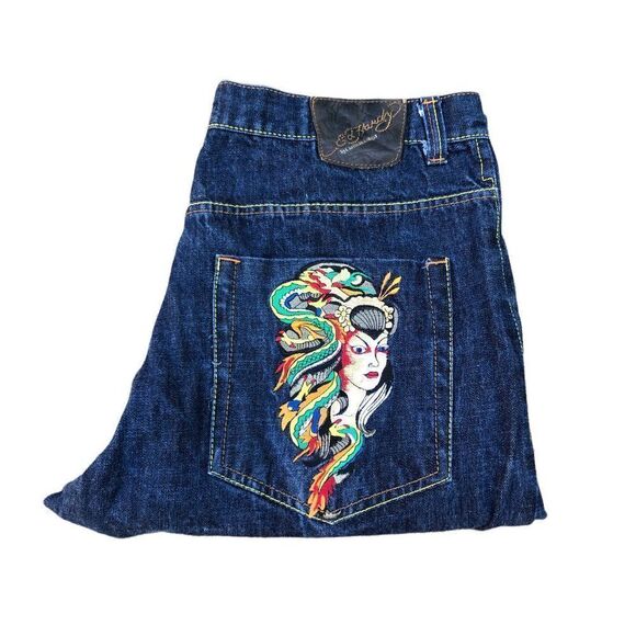 RARE Ed Hardy Embroidered Jeans Size 40 'Snake Head' - Picture 1 of 7